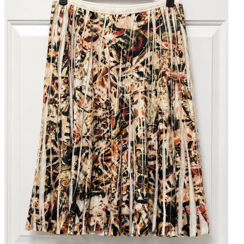Lapis Pleated Midi Skirt Medium Abstract Floral Boho Elastic Art Waist Beige - Picture 3 of 8
